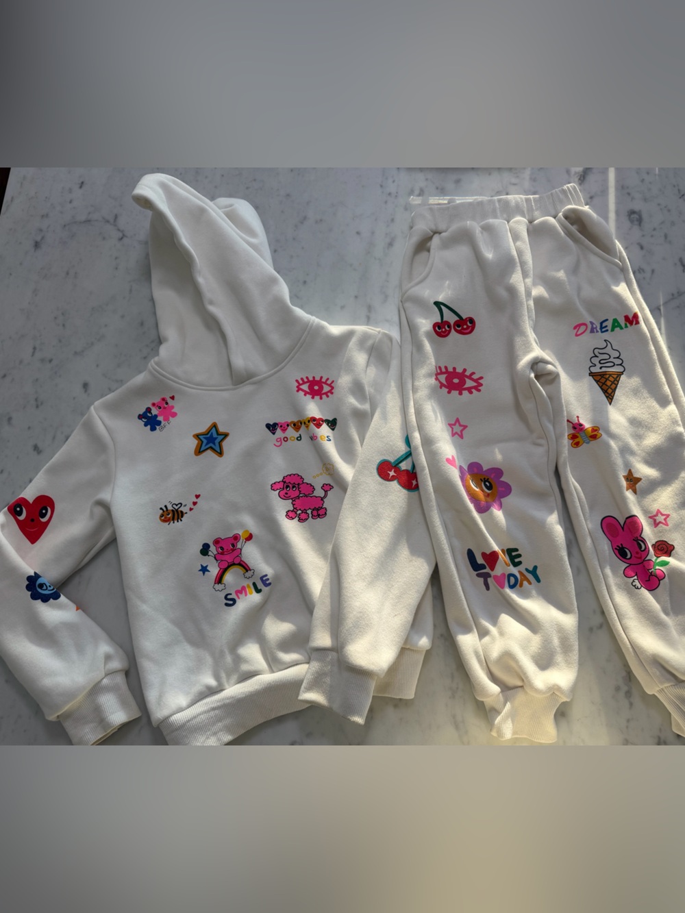 Kids White Hoodie & Jogger sweatsuit Set with Colorful emojis print